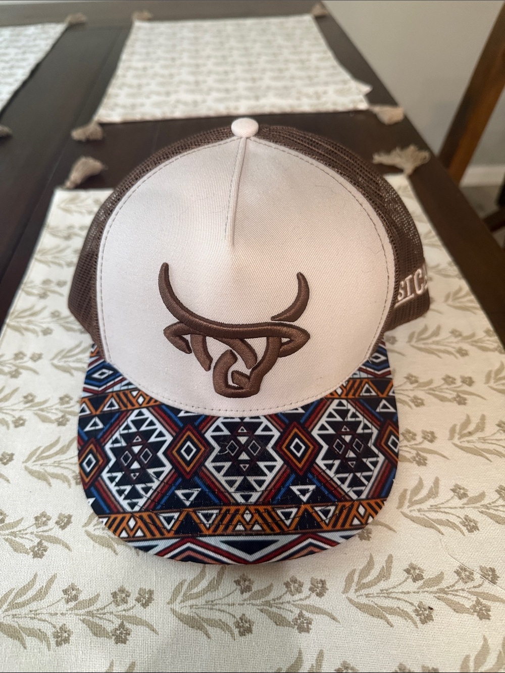 Brown and White Trucker Hat with Aztec Print Brim Buckle